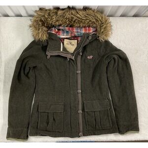 Vtg 2000s Hollister Army Green Flannel Lined Hood Jacket Coat Womens L Y2K Bella